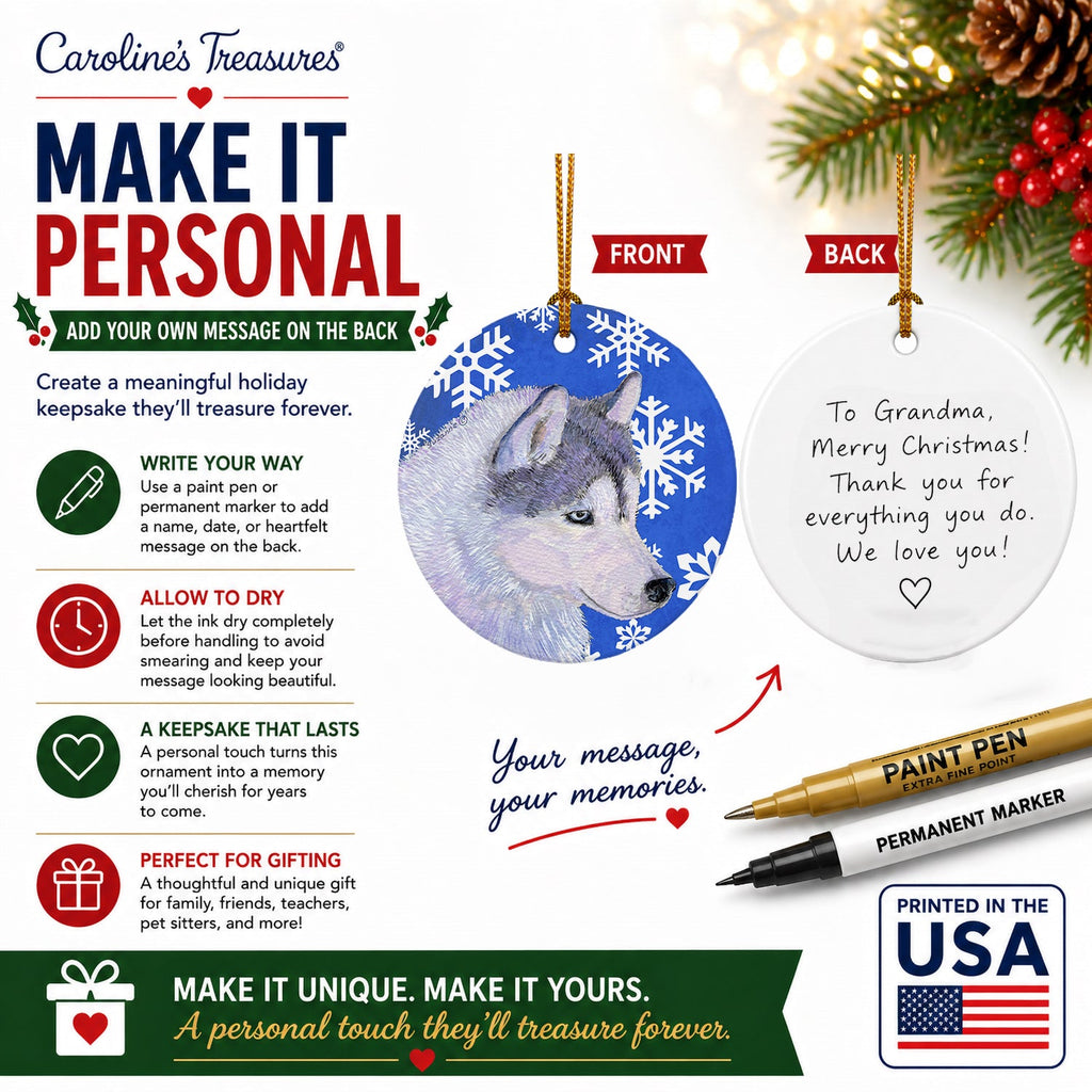 Siberian Husky Winter Snowflakes Holiday Ceramic Ornament Christmas Tree Hanging Decorations for Home Christmas Holiday, Party, Gift, 3 in, Multicolor