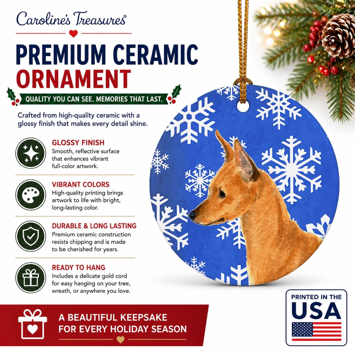 Min Pin Winter Snowflakes Holiday Ceramic Ornament Christmas Tree Hanging Decorations for Home Christmas Holiday, Party, Gift, 3 in, Multicolor