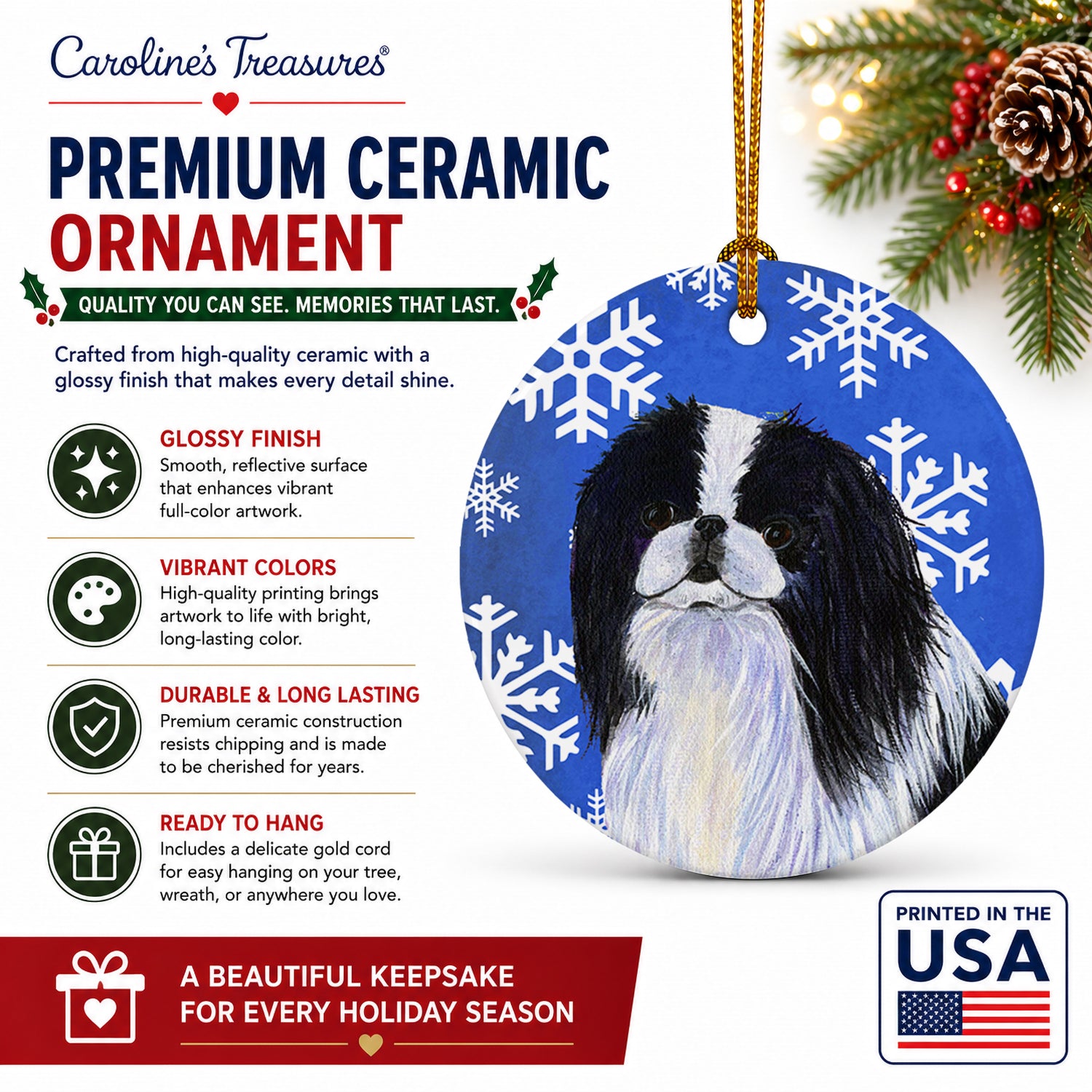 Japanese Chin Winter Snowflakes Holiday Ceramic Ornament Christmas Tree Hanging Decorations for Home Christmas Holiday, Party, Gift, 3 in, Multicolor
