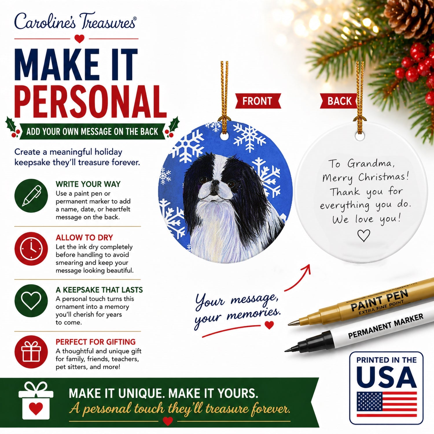 Japanese Chin Winter Snowflakes Holiday Ceramic Ornament Christmas Tree Hanging Decorations for Home Christmas Holiday, Party, Gift, 3 in, Multicolor