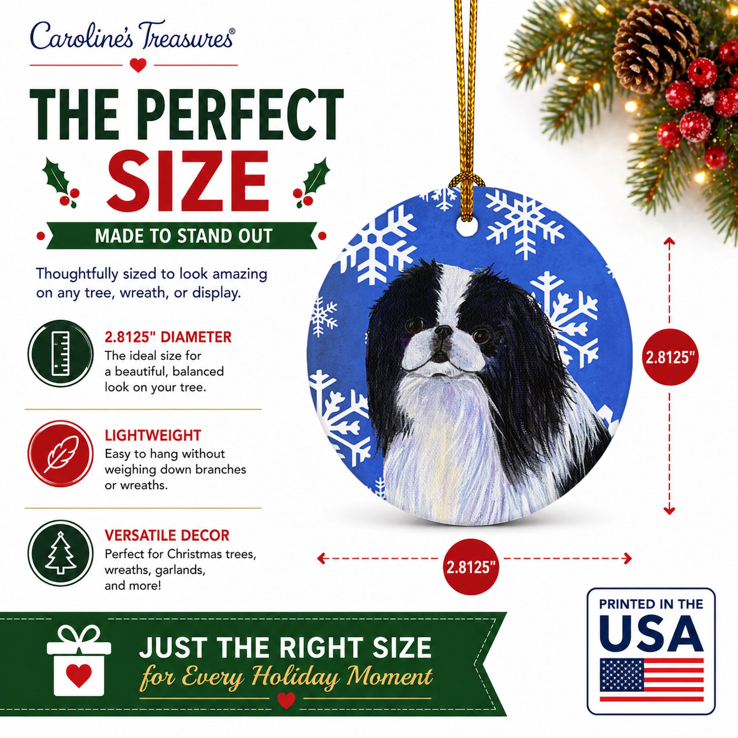Japanese Chin Winter Snowflakes Holiday Ceramic Ornament Christmas Tree Hanging Decorations for Home Christmas Holiday, Party, Gift, 3 in, Multicolor