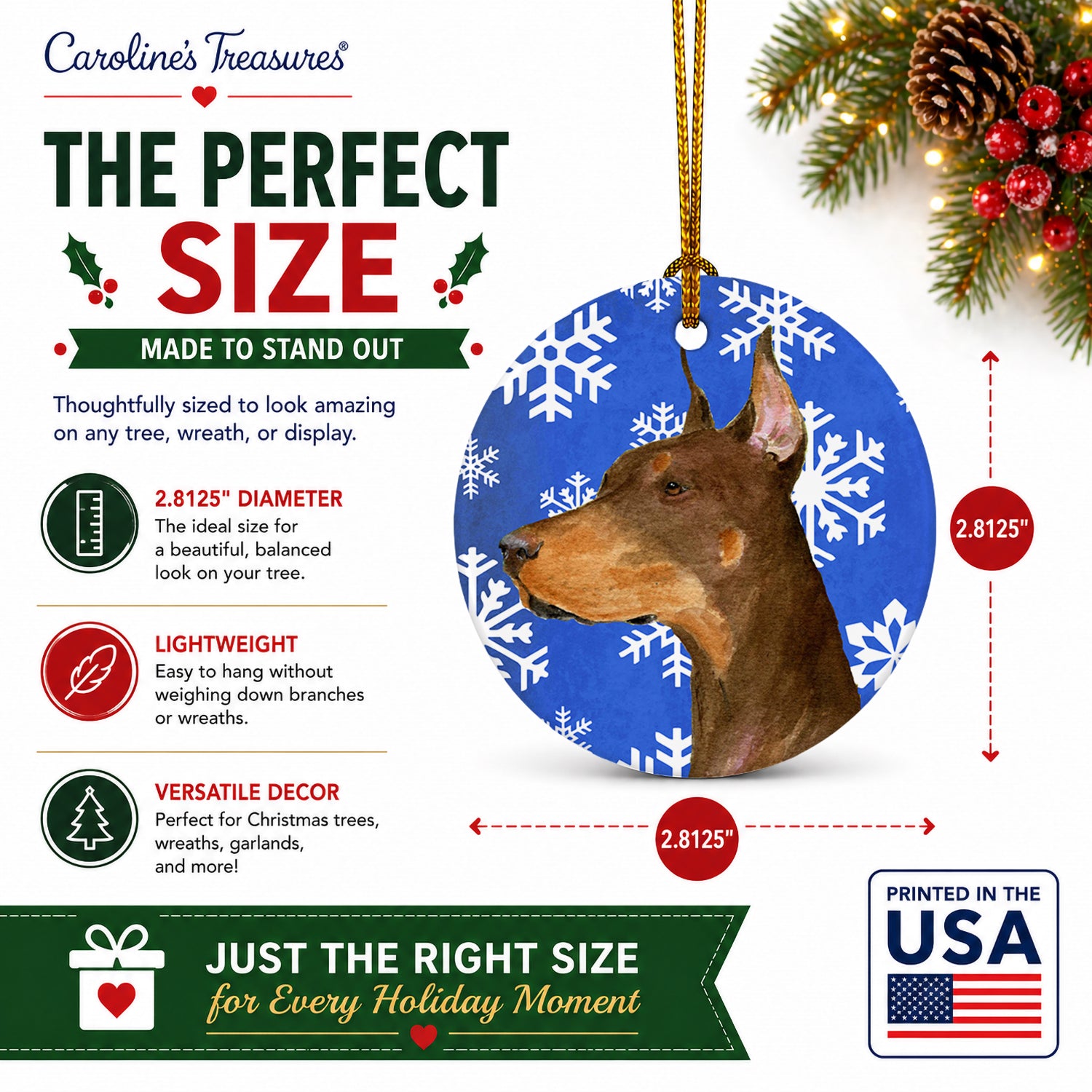 Doberman Winter Snowflakes Holiday Ceramic Ornament Christmas Tree Hanging Decorations for Home Christmas Holiday, Party, Gift, 3 in, Multicolor