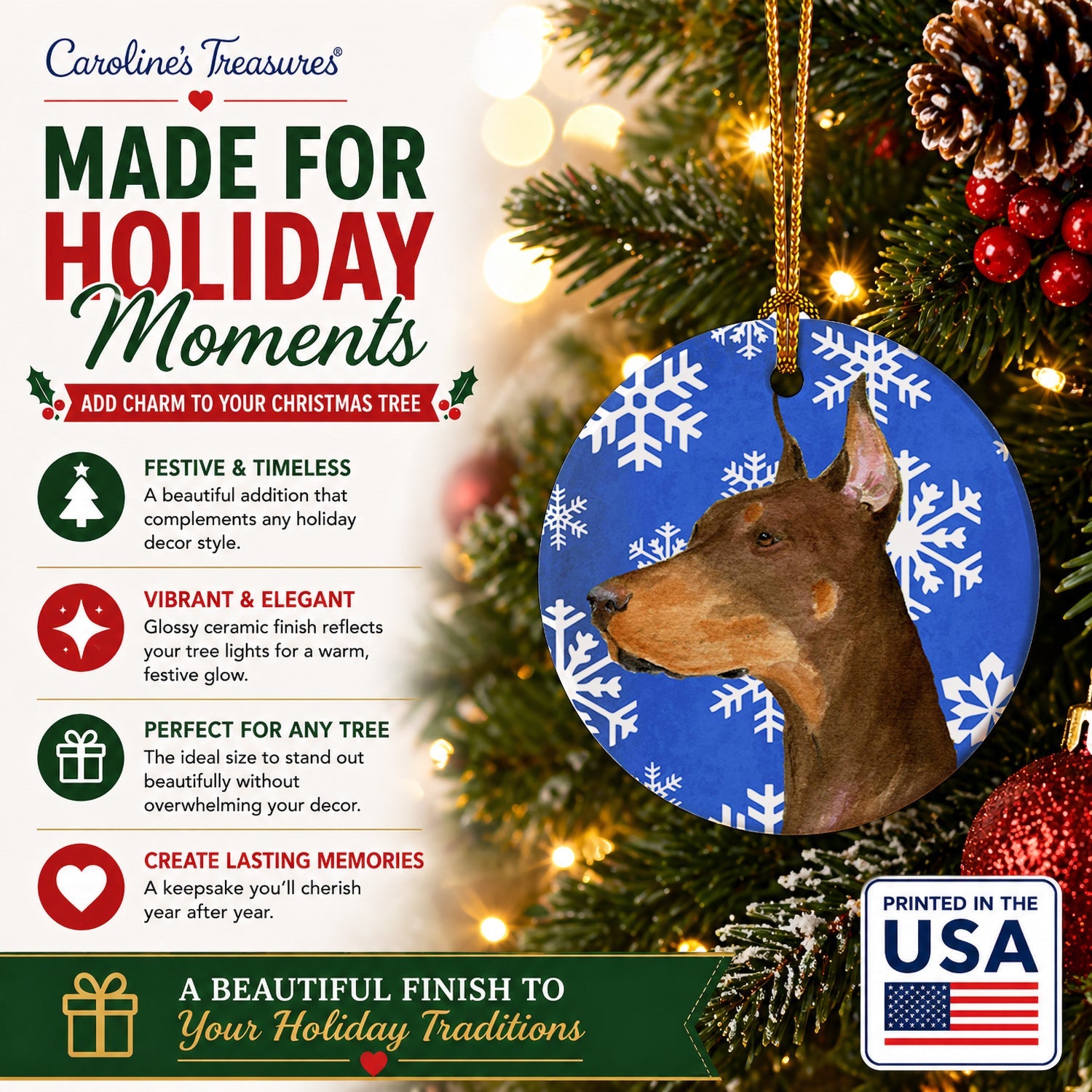 Doberman Winter Snowflakes Holiday Ceramic Ornament Christmas Tree Hanging Decorations for Home Christmas Holiday, Party, Gift, 3 in, Multicolor