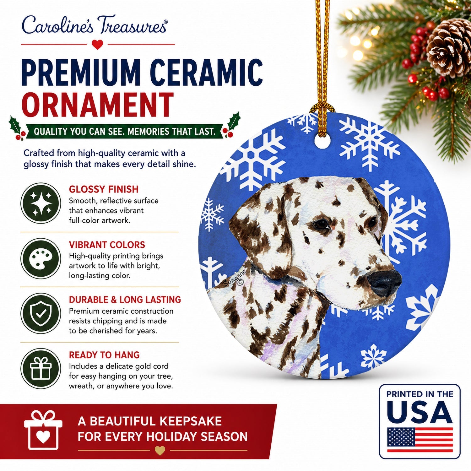 Dalmatian Winter Snowflakes Holiday Ceramic Ornament Christmas Tree Hanging Decorations for Home Christmas Holiday, Party, Gift, 3 in, Multicolor