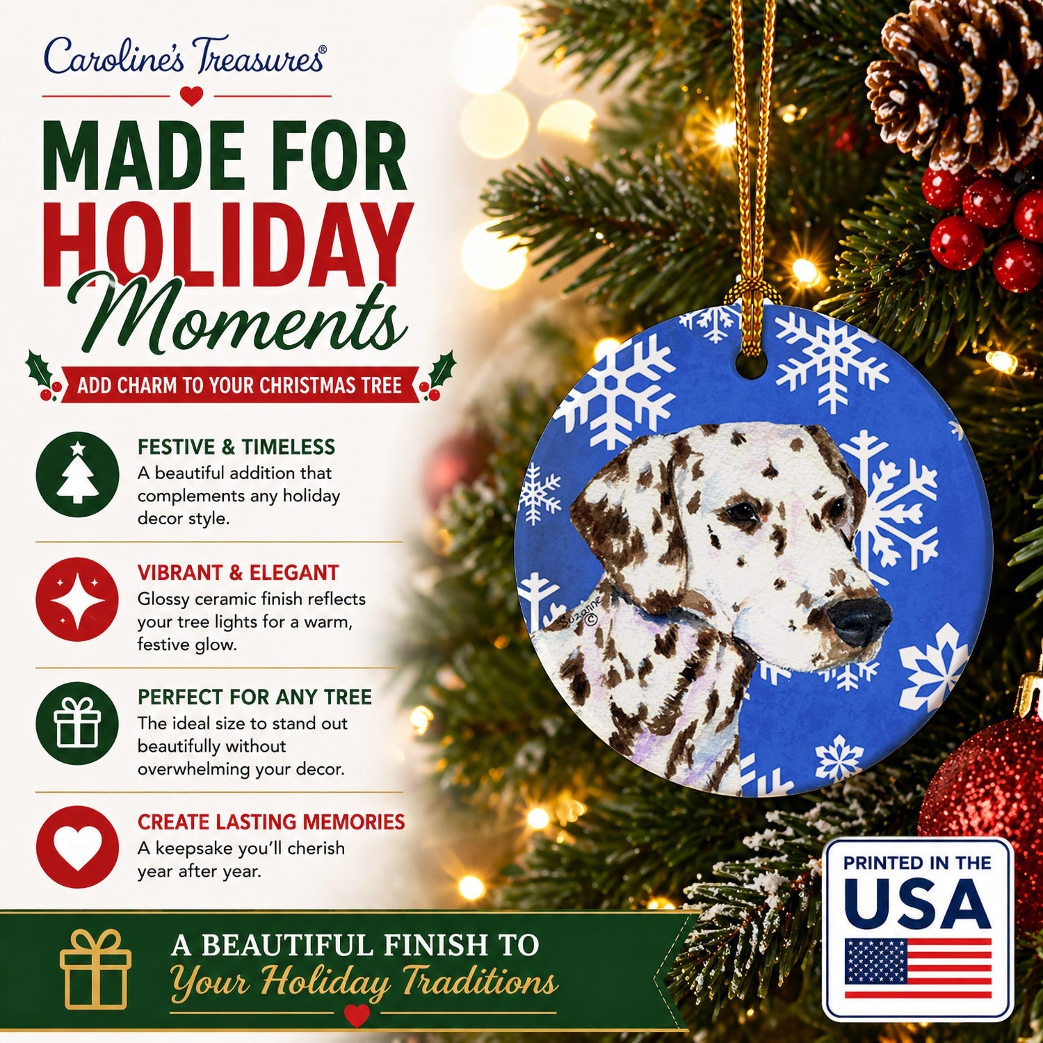 Dalmatian Winter Snowflakes Holiday Ceramic Ornament Christmas Tree Hanging Decorations for Home Christmas Holiday, Party, Gift, 3 in, Multicolor
