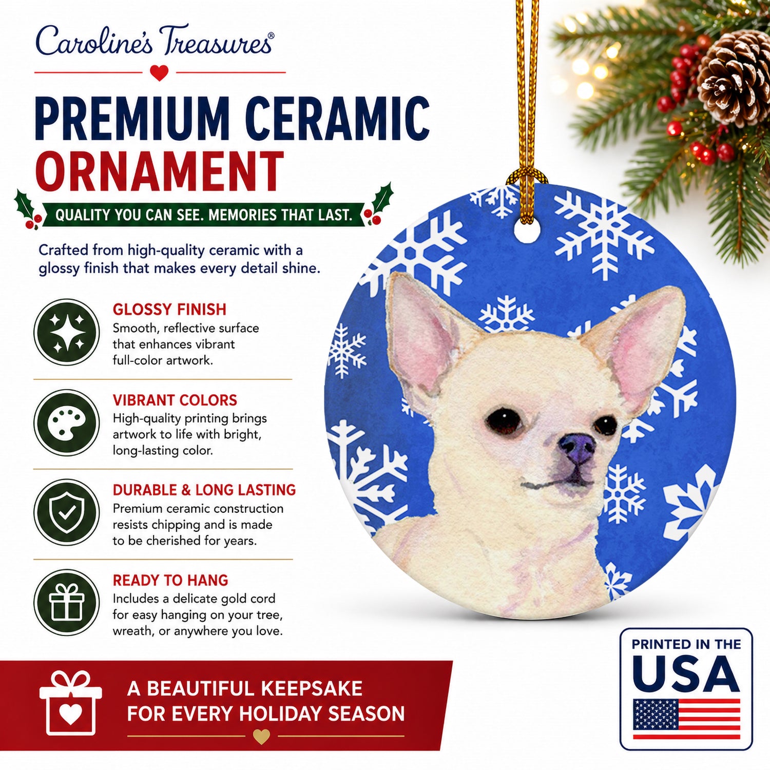 Chihuahua Winter Snowflakes Holiday Ceramic Ornament Christmas Tree Hanging Decorations for Home Christmas Holiday, Party, Gift, 3 in, Multicolor
