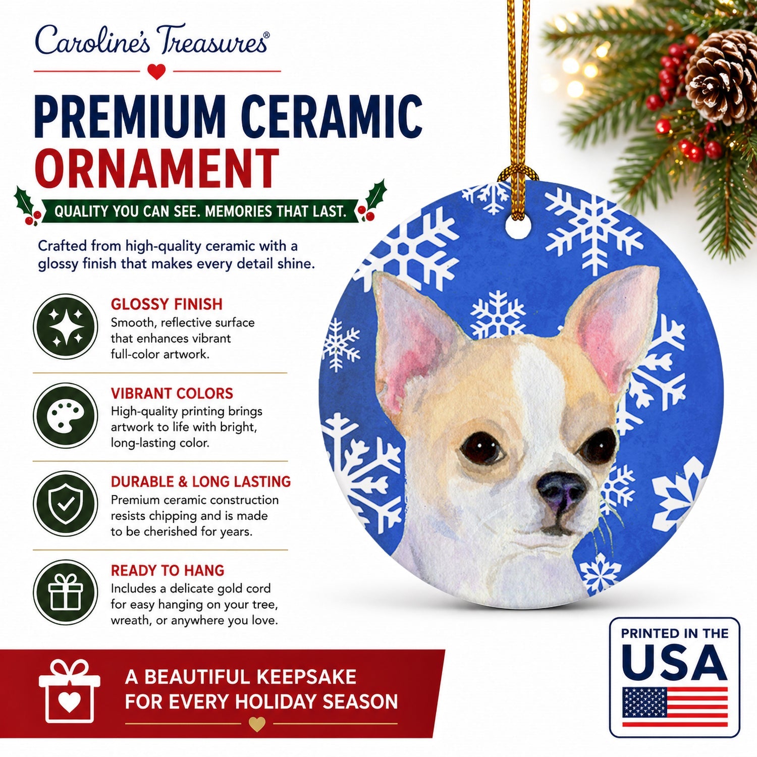 Chihuahua Winter Snowflakes Holiday Ceramic Ornament Christmas Tree Hanging Decorations for Home Christmas Holiday, Party, Gift, 3 in, Multicolor