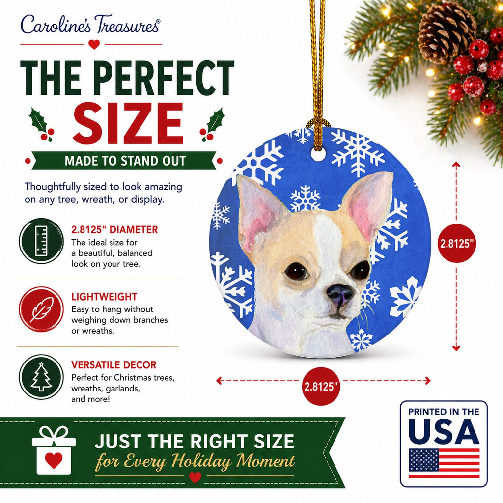 Chihuahua Winter Snowflakes Holiday Ceramic Ornament Christmas Tree Hanging Decorations for Home Christmas Holiday, Party, Gift, 3 in, Multicolor