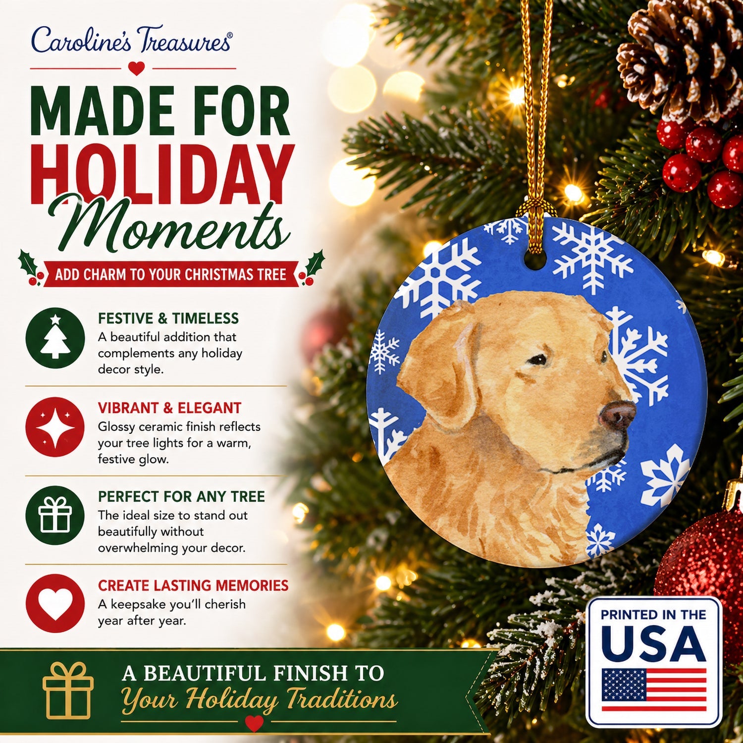 Golden Retriever Winter Snowflakes Holiday Ceramic Ornament Christmas Tree Hanging Decorations for Home Christmas Holiday, Party, Gift, 3 in, Multicolor