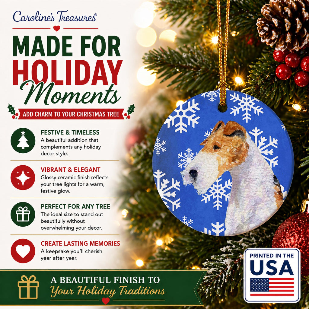 Fox Terrier Winter Snowflakes Holiday Ceramic Ornament Christmas Tree Hanging Decorations for Home Christmas Holiday, Party, Gift, 3 in, Multicolor