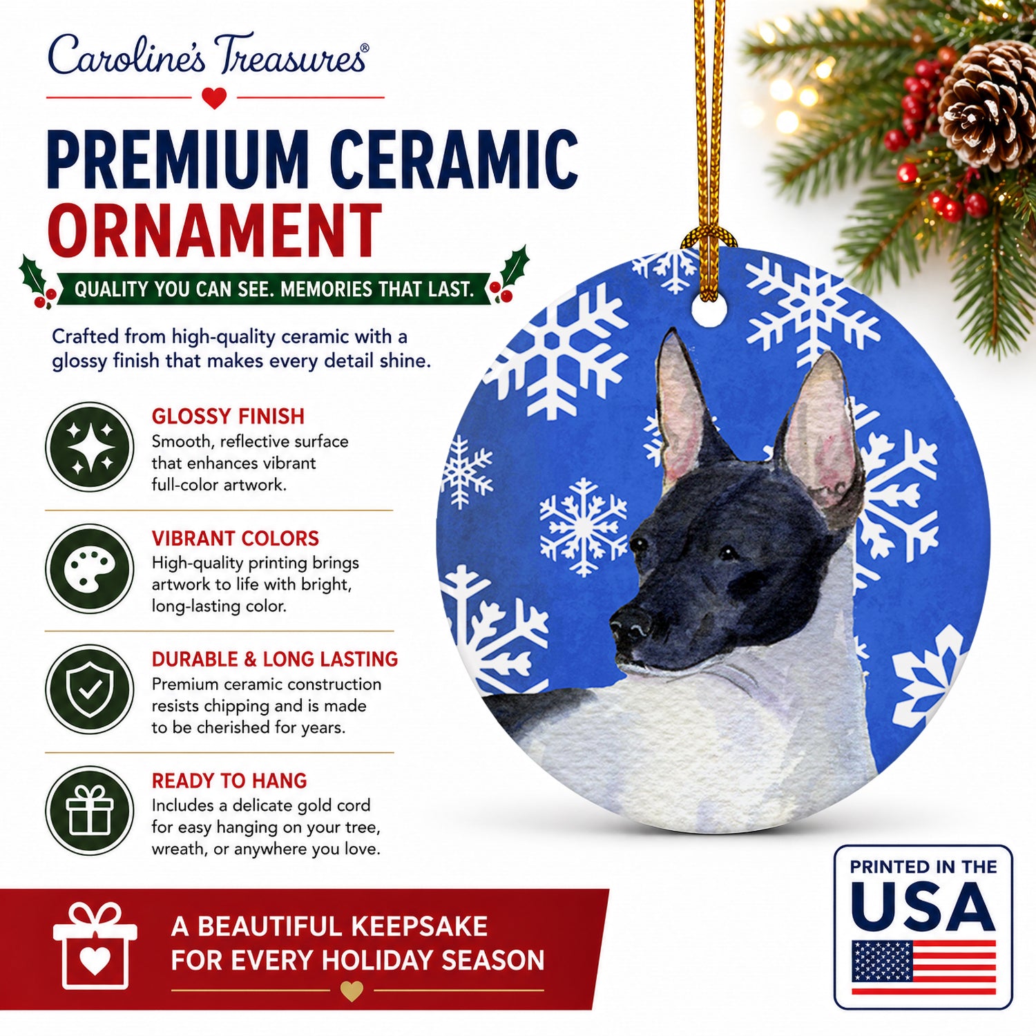 Rat Terrier Winter Snowflakes Holiday Ceramic Ornament Christmas Tree Hanging Decorations for Home Christmas Holiday, Party, Gift, 3 in, Multicolor
