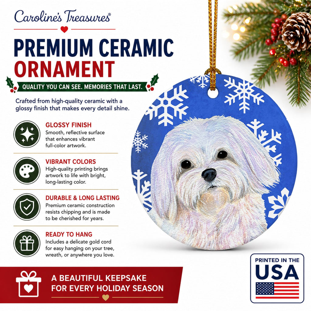 Maltese Winter Snowflakes Holiday Ceramic Ornament Christmas Tree Hanging Decorations for Home Christmas Holiday, Party, Gift, 3 in, Multicolor