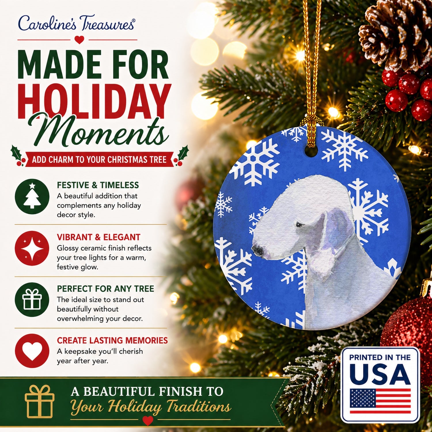 Bedlington Terrier Winter Snowflakes Holiday Ceramic Ornament Christmas Tree Hanging Decorations for Home Christmas Holiday, Party, Gift, 3 in, Multicolor