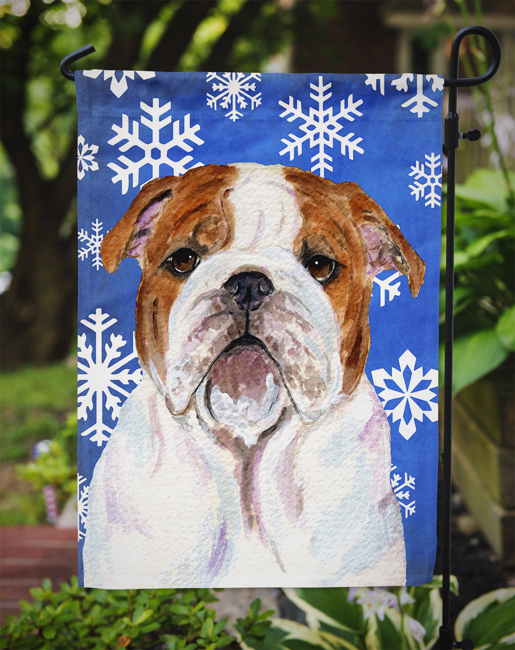 Bulldog English Winter Snowflakes Holiday Garden Flag Mailbox Decorative Yard Banner Outside Patio Artwork for Flower Beds, Garden Size, Multicolor