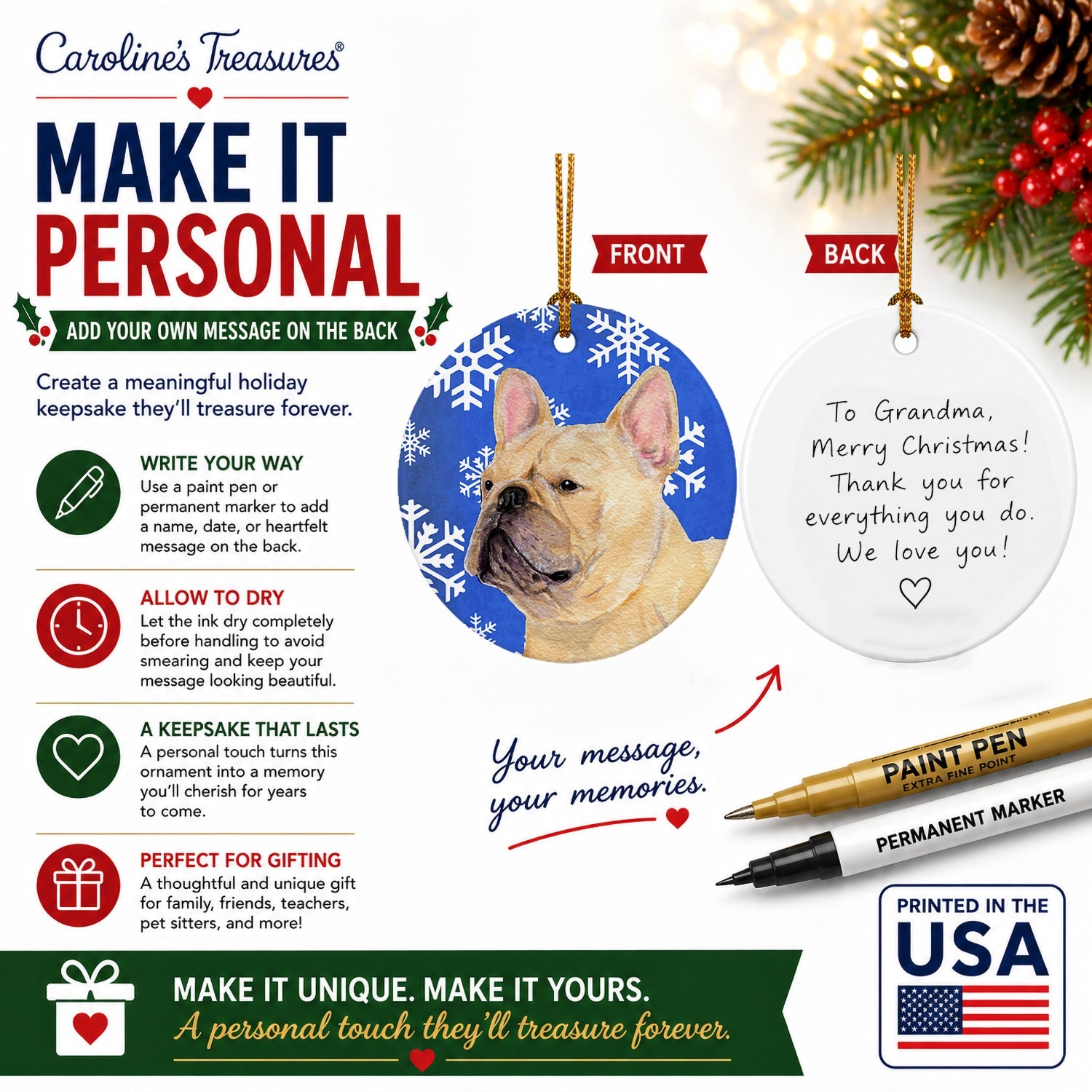 French Bulldog Winter Snowflakes Holiday Ceramic Ornament Christmas Tree Hanging Decorations for Home Christmas Holiday, Party, Gift, 3 in, Multicolor