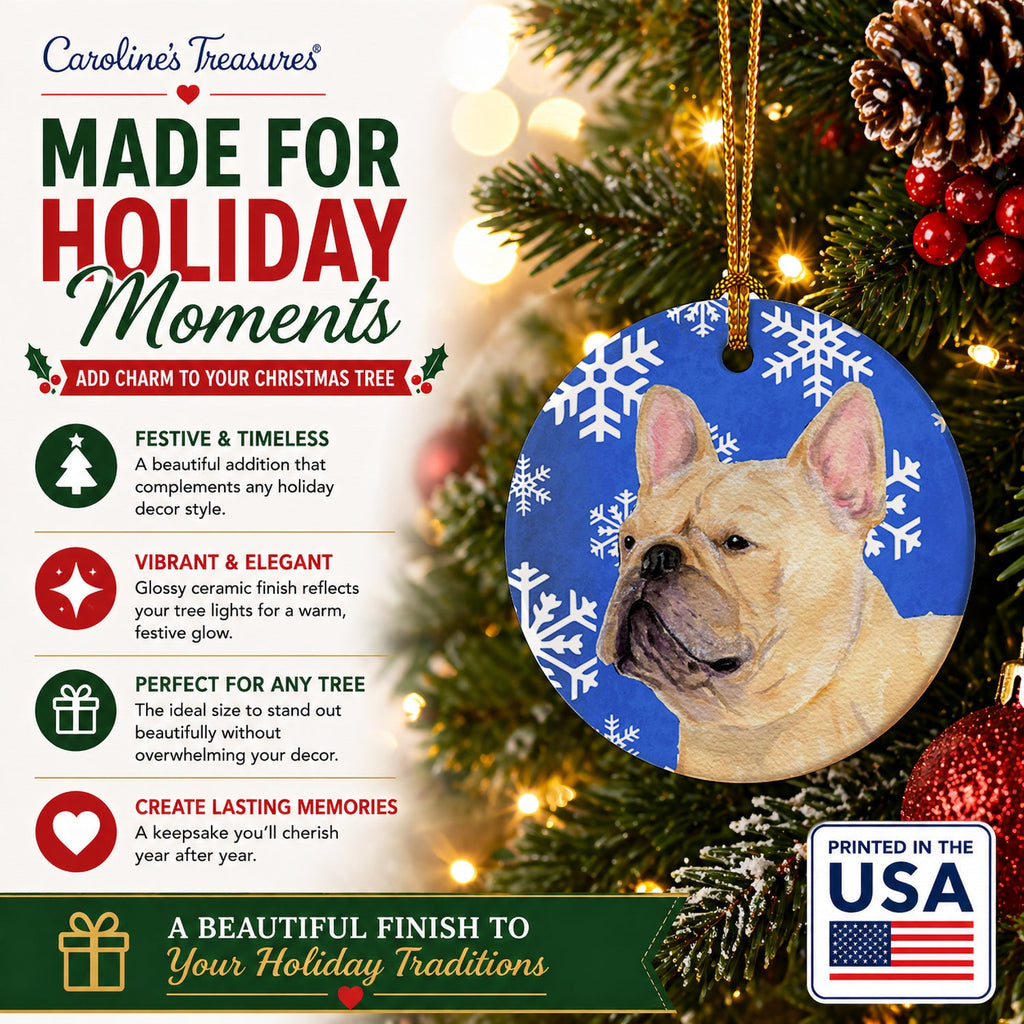 French Bulldog Winter Snowflakes Holiday Ceramic Ornament Christmas Tree Hanging Decorations for Home Christmas Holiday, Party, Gift, 3 in, Multicolor
