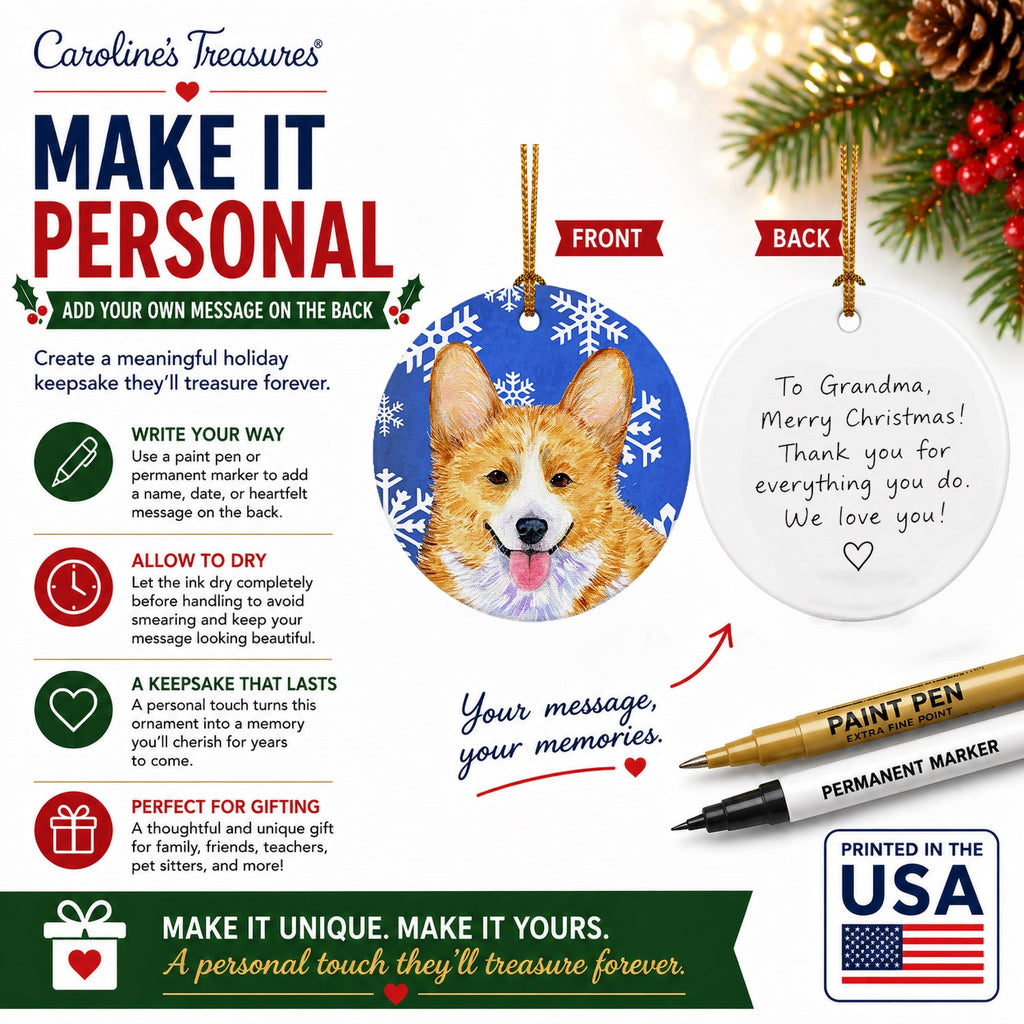 Corgi Winter Snowflakes Holiday Ceramic Ornament Christmas Tree Hanging Decorations for Home Christmas Holiday, Party, Gift, 3 in, Multicolor