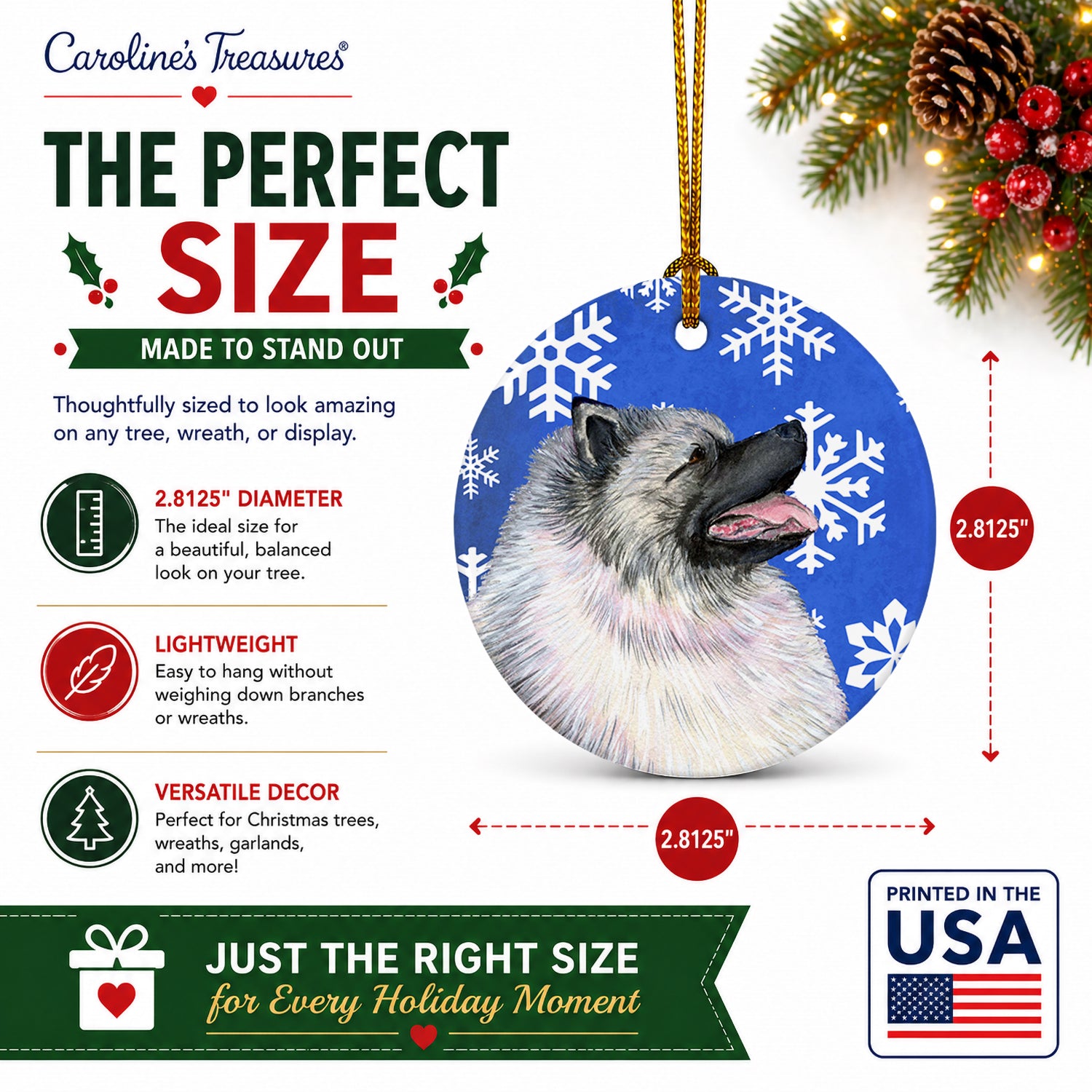 Keeshond Winter Snowflakes Holiday Ceramic Ornament Christmas Tree Hanging Decorations for Home Christmas Holiday, Party, Gift, 3 in, Multicolor