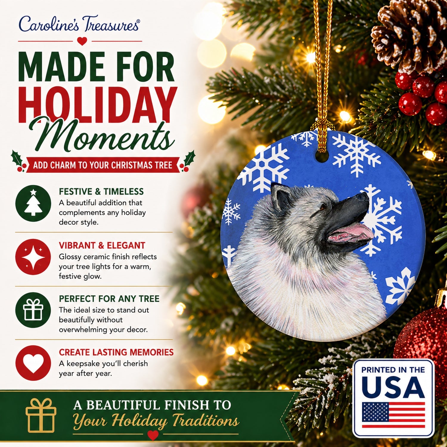 Keeshond Winter Snowflakes Holiday Ceramic Ornament Christmas Tree Hanging Decorations for Home Christmas Holiday, Party, Gift, 3 in, Multicolor
