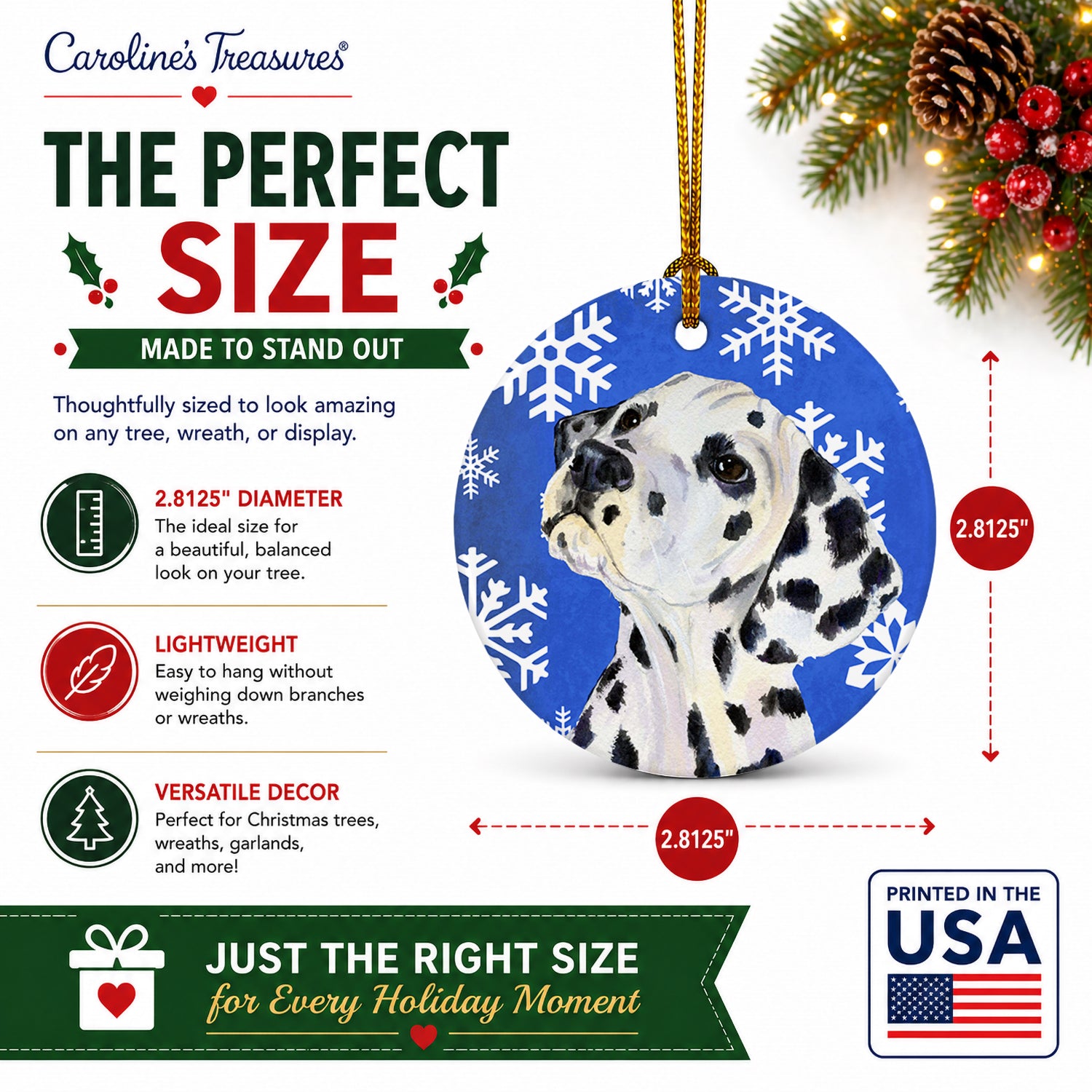 Dalmatian Winter Snowflakes Holiday Ceramic Ornament Christmas Tree Hanging Decorations for Home Christmas Holiday, Party, Gift, 3 in, Multicolor