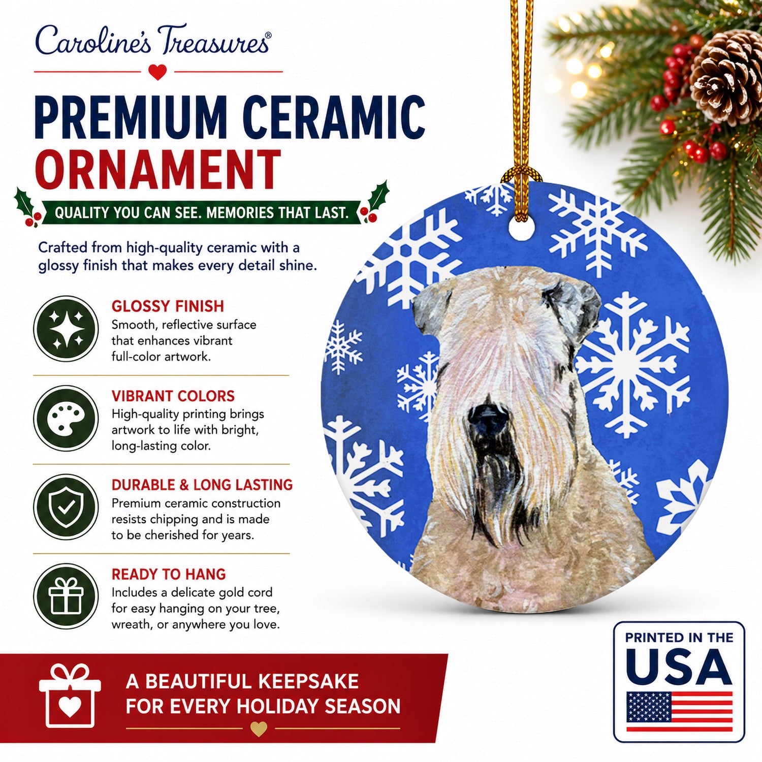 Wheaten Terrier Soft Coated Winter Snowflakes Holiday Ceramic Ornament Christmas Tree Hanging Decorations for Home Christmas Holiday, Party, Gift, 3 in, Multicolor