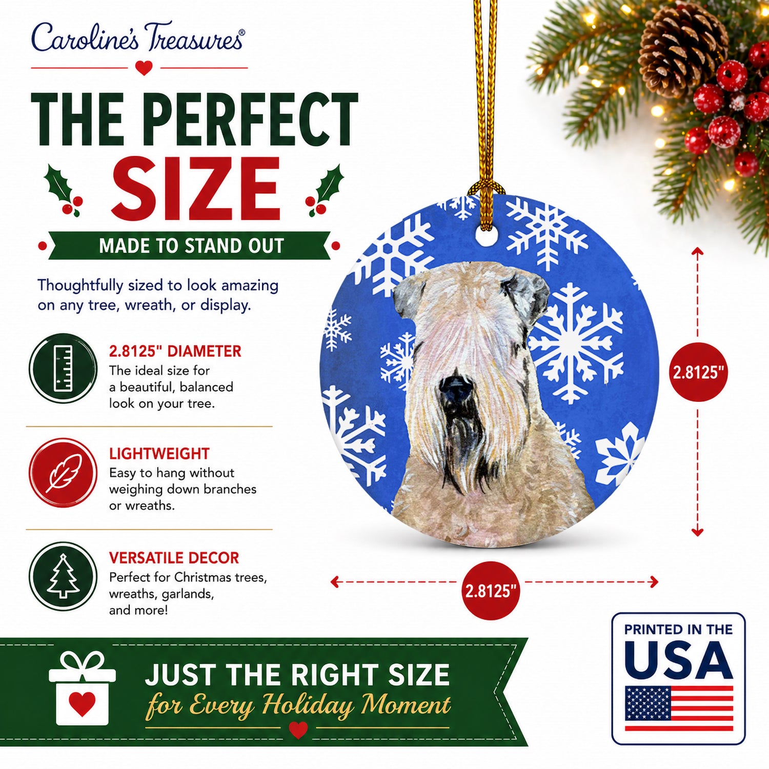 Wheaten Terrier Soft Coated Winter Snowflakes Holiday Ceramic Ornament Christmas Tree Hanging Decorations for Home Christmas Holiday, Party, Gift, 3 in, Multicolor