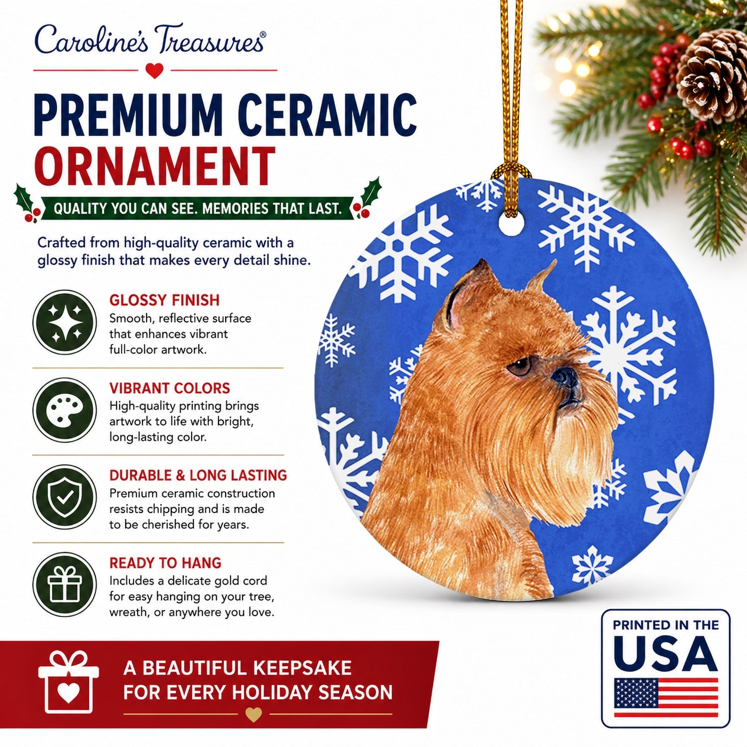 Brussels Griffon Winter Snowflakes Holiday Ceramic Ornament Christmas Tree Hanging Decorations for Home Christmas Holiday, Party, Gift, 3 in, Multicolor