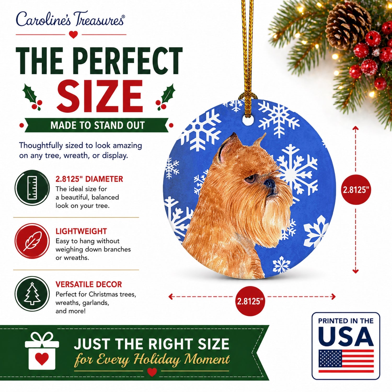 Brussels Griffon Winter Snowflakes Holiday Ceramic Ornament Christmas Tree Hanging Decorations for Home Christmas Holiday, Party, Gift, 3 in, Multicolor