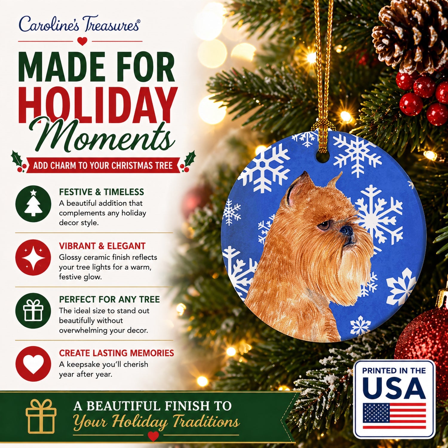 Brussels Griffon Winter Snowflakes Holiday Ceramic Ornament Christmas Tree Hanging Decorations for Home Christmas Holiday, Party, Gift, 3 in, Multicolor