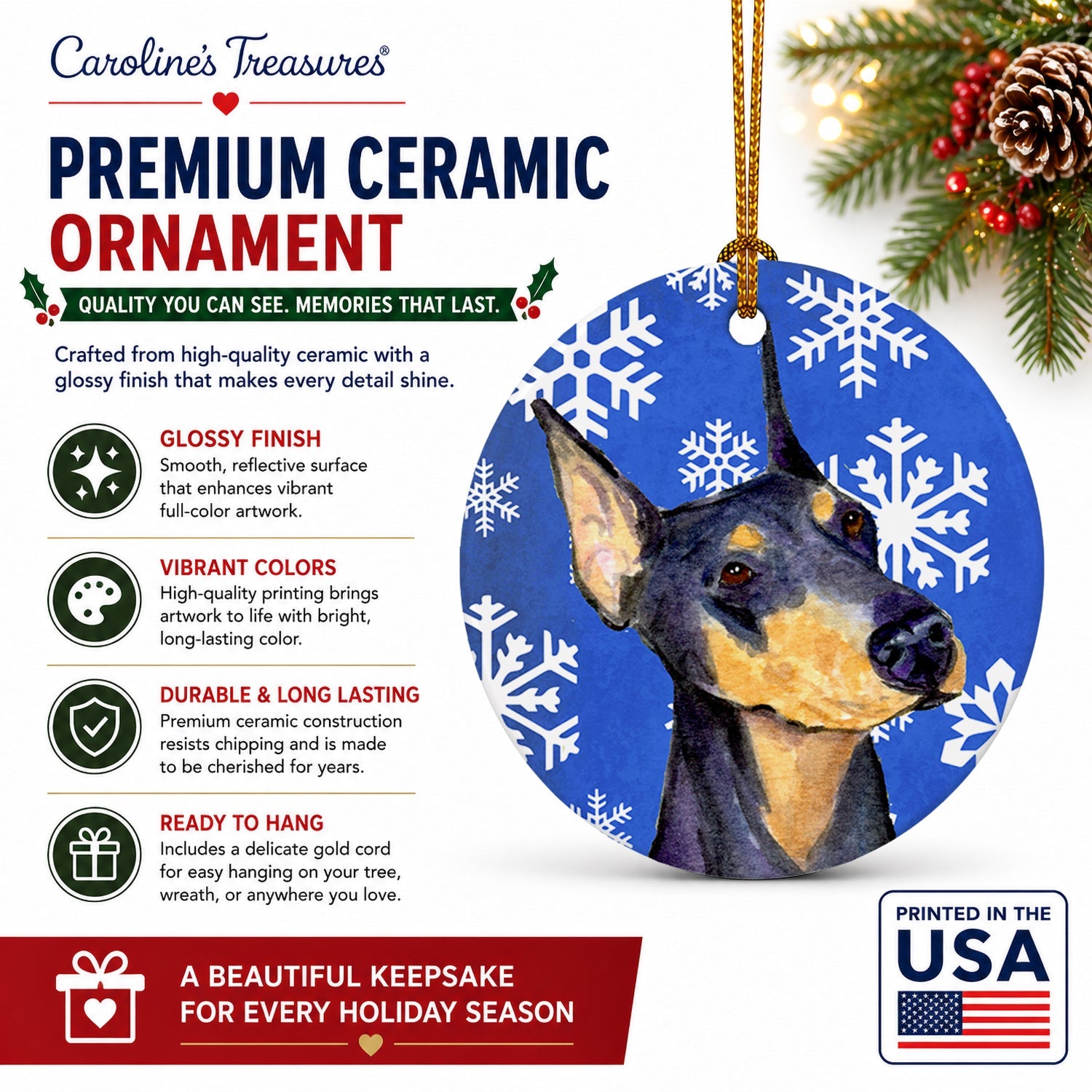 Doberman Winter Snowflakes Holiday Ceramic Ornament Christmas Tree Hanging Decorations for Home Christmas Holiday, Party, Gift, 3 in, Multicolor