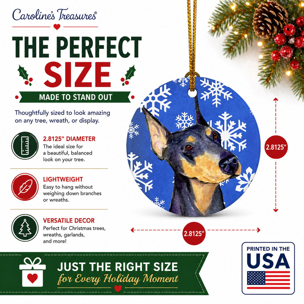 Doberman Winter Snowflakes Holiday Ceramic Ornament Christmas Tree Hanging Decorations for Home Christmas Holiday, Party, Gift, 3 in, Multicolor