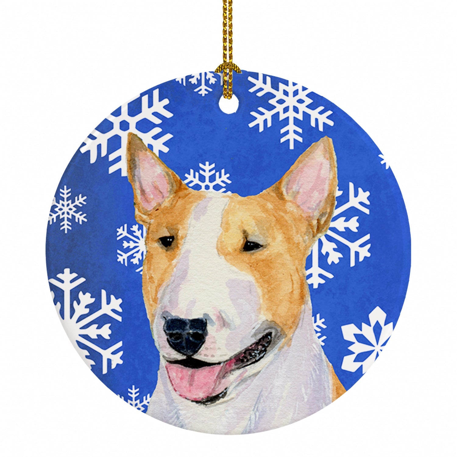 Bull Terrier Winter Snowflakes Holiday Ceramic Ornament Christmas Tree Hanging Decorations for Home Christmas Holiday, Party, Gift, 3 in, Multicolor