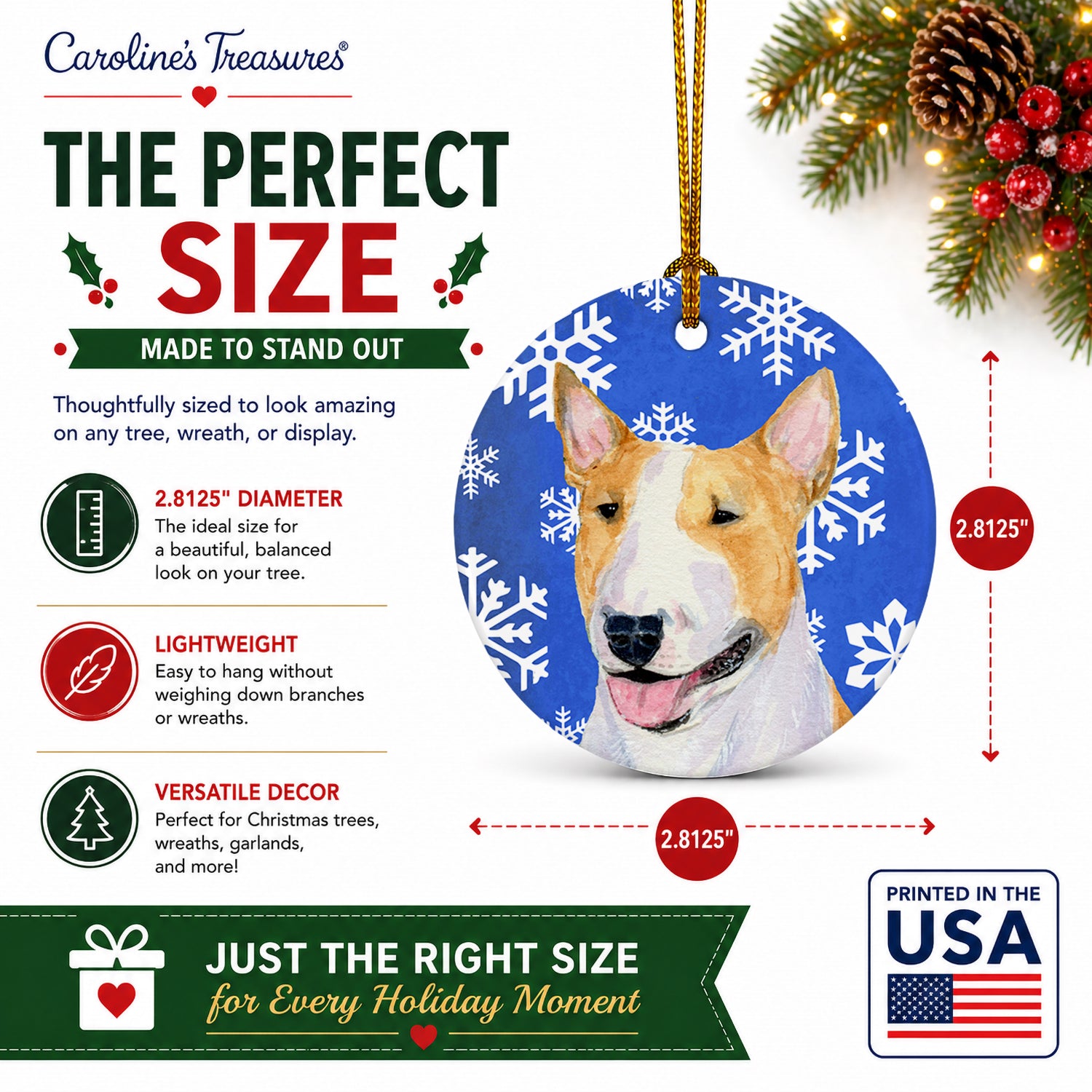 Bull Terrier Winter Snowflakes Holiday Ceramic Ornament Christmas Tree Hanging Decorations for Home Christmas Holiday, Party, Gift, 3 in, Multicolor