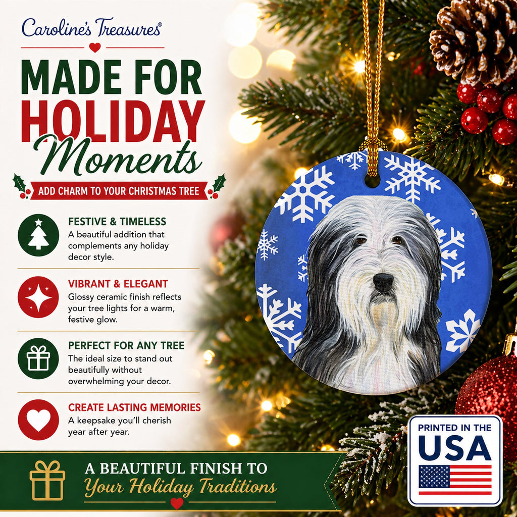 Bearded Collie Winter Snowflakes Holiday Ceramic Ornament Christmas Tree Hanging Decorations for Home Christmas Holiday, Party, Gift, 3 in, Multicolor