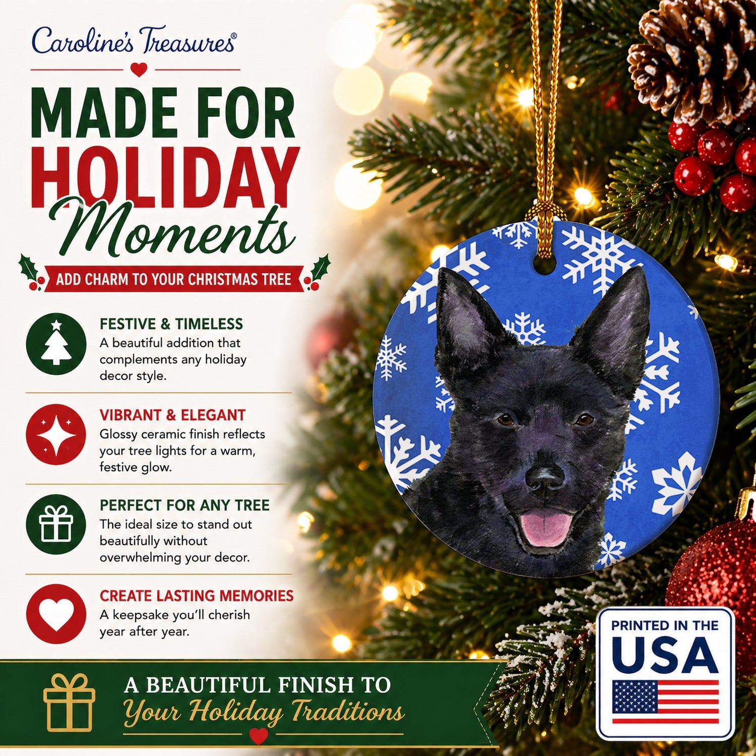 Australian Kelpie Winter Snowflakes Holiday Ceramic Ornament Christmas Tree Hanging Decorations for Home Christmas Holiday, Party, Gift, 3 in, Multicolor