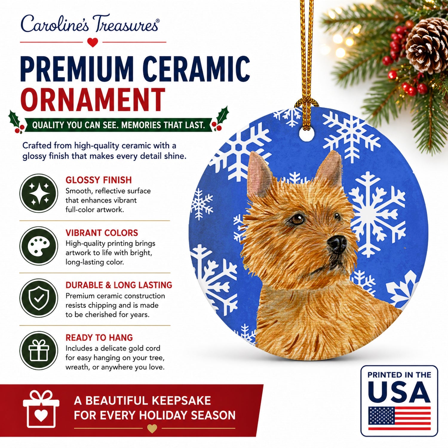 Norwich Terrier Winter Snowflakes Holiday Ceramic Ornament Christmas Tree Hanging Decorations for Home Christmas Holiday, Party, Gift, 3 in, Multicolor