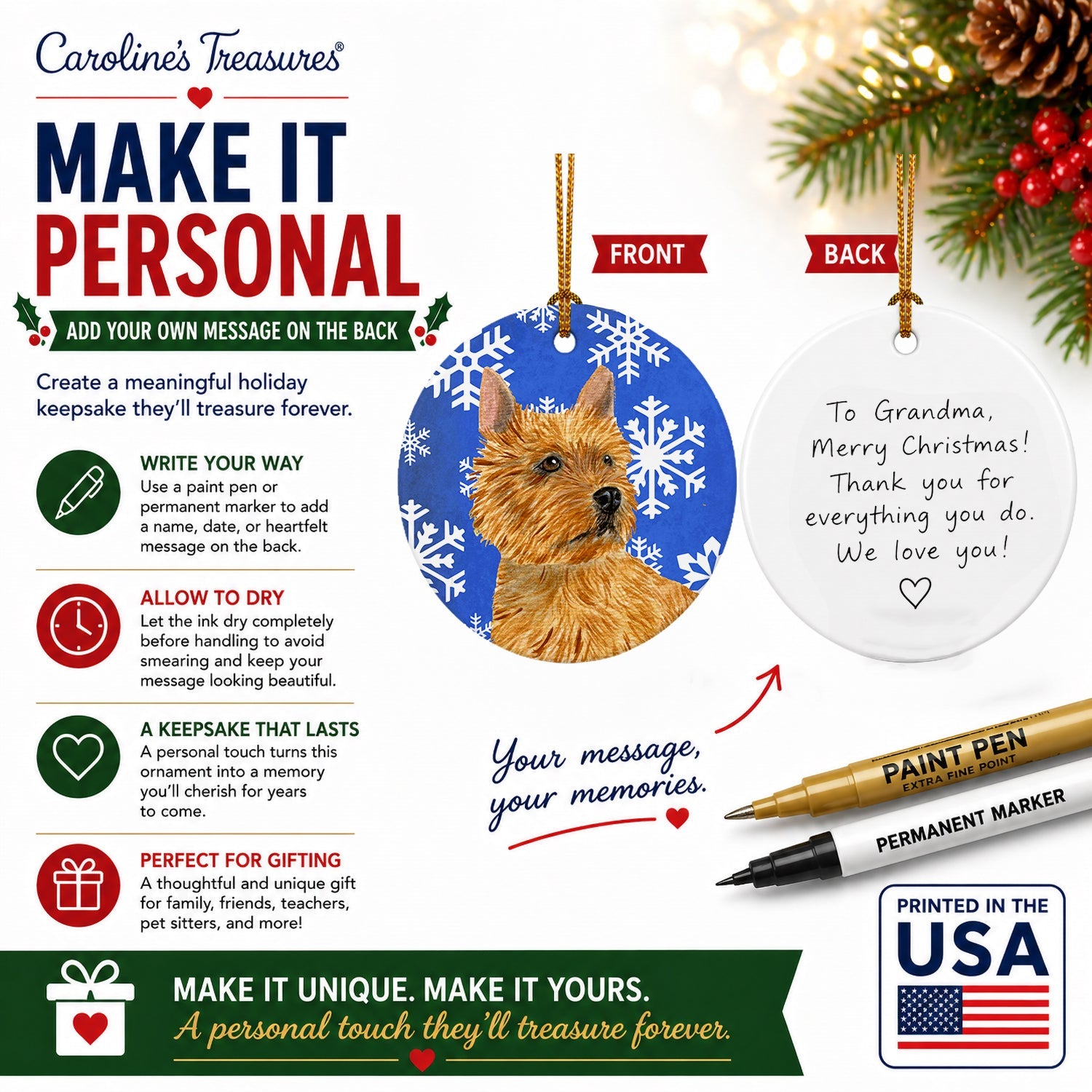 Norwich Terrier Winter Snowflakes Holiday Ceramic Ornament Christmas Tree Hanging Decorations for Home Christmas Holiday, Party, Gift, 3 in, Multicolor