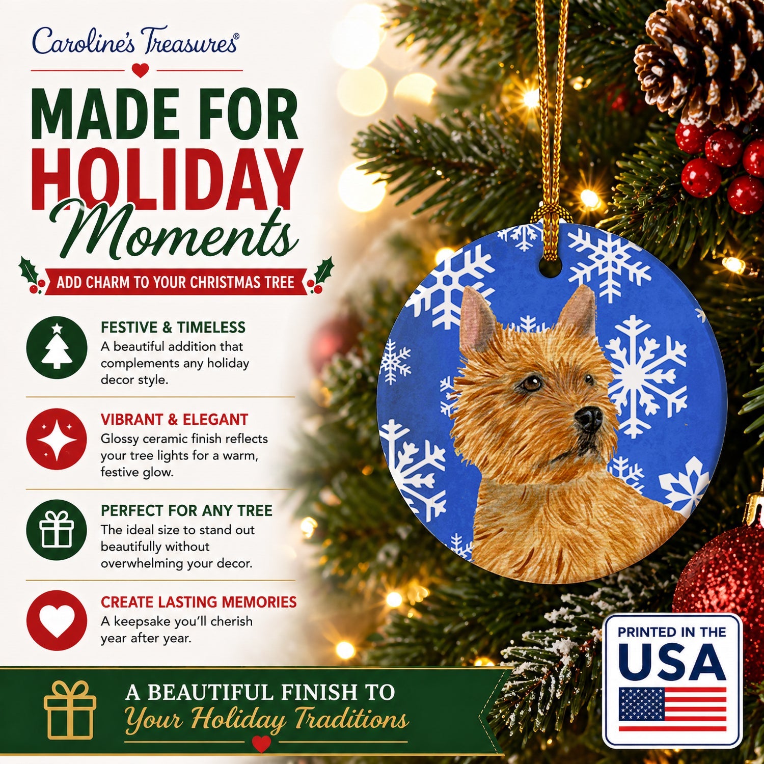 Norwich Terrier Winter Snowflakes Holiday Ceramic Ornament Christmas Tree Hanging Decorations for Home Christmas Holiday, Party, Gift, 3 in, Multicolor