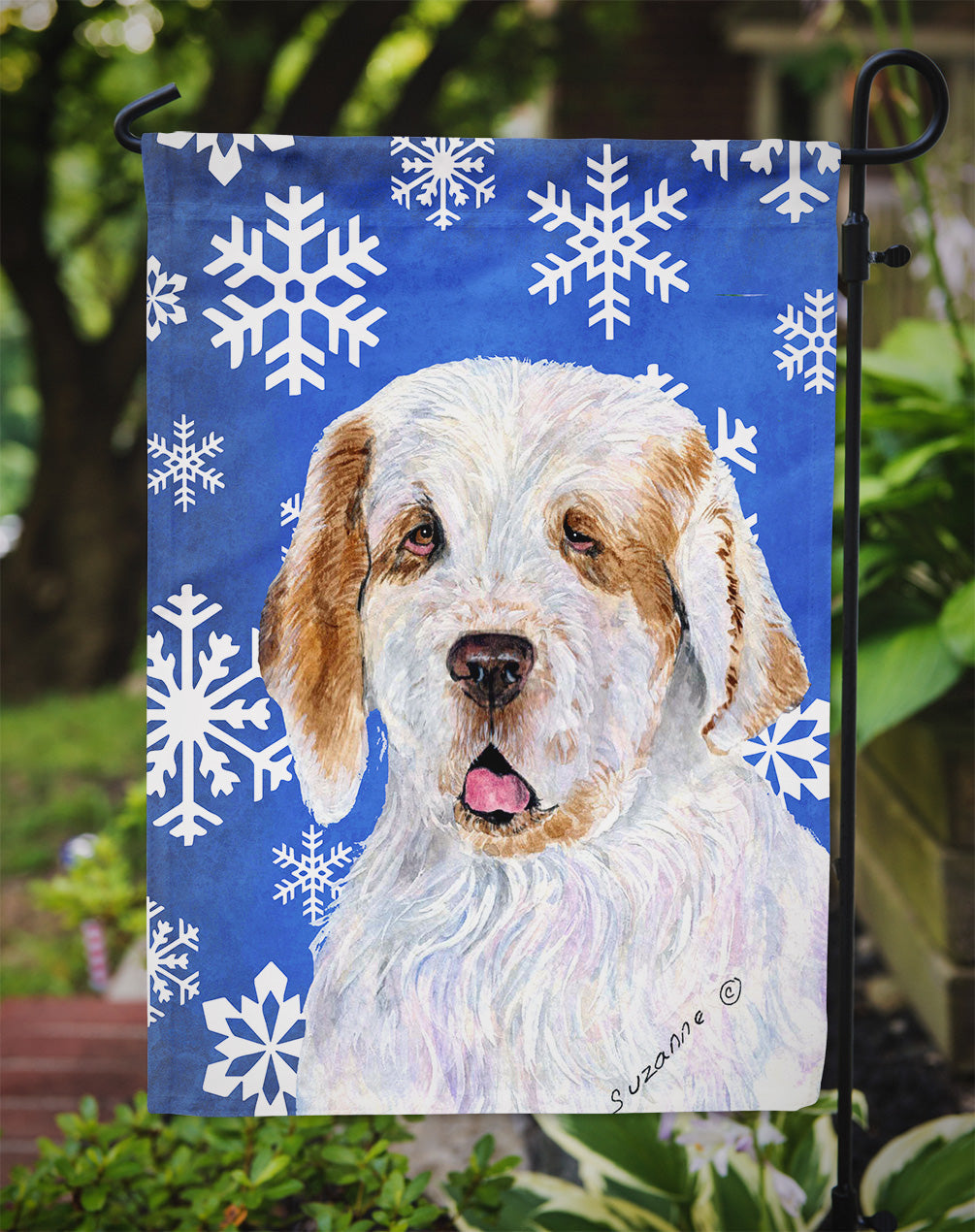 Clumber Spaniel Winter Snowflakes Holiday Garden Flag Mailbox Decorative Yard Banner Outside Patio Artwork for Flower Beds, Garden Size, Multicolor