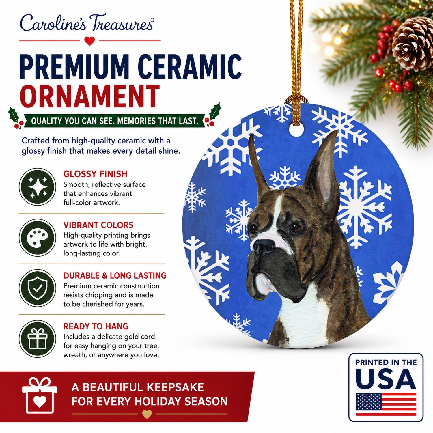 Boxer Winter Snowflakes Holiday Ceramic Ornament Christmas Tree Hanging Decorations for Home Christmas Holiday, Party, Gift, 3 in, Multicolor