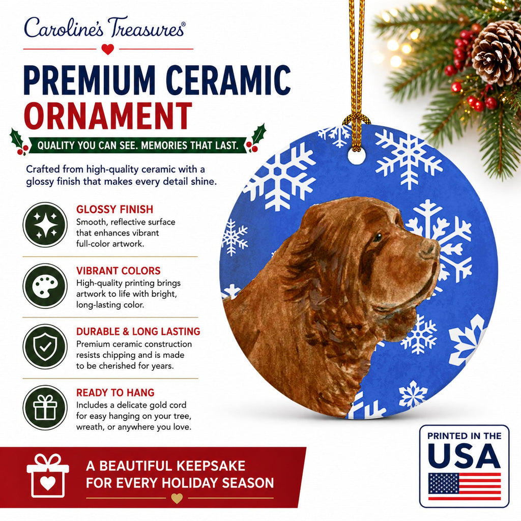 Sussex Spaniel Winter Snowflakes Holiday Ceramic Ornament Christmas Tree Hanging Decorations for Home Christmas Holiday, Party, Gift, 3 in, Multicolor