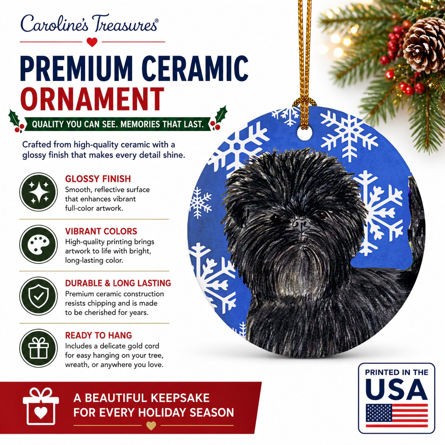 Affenpinscher Winter Snowflakes Holiday Ceramic Ornament Christmas Tree Hanging Decorations for Home Christmas Holiday, Party, Gift, 3 in, Multicolor