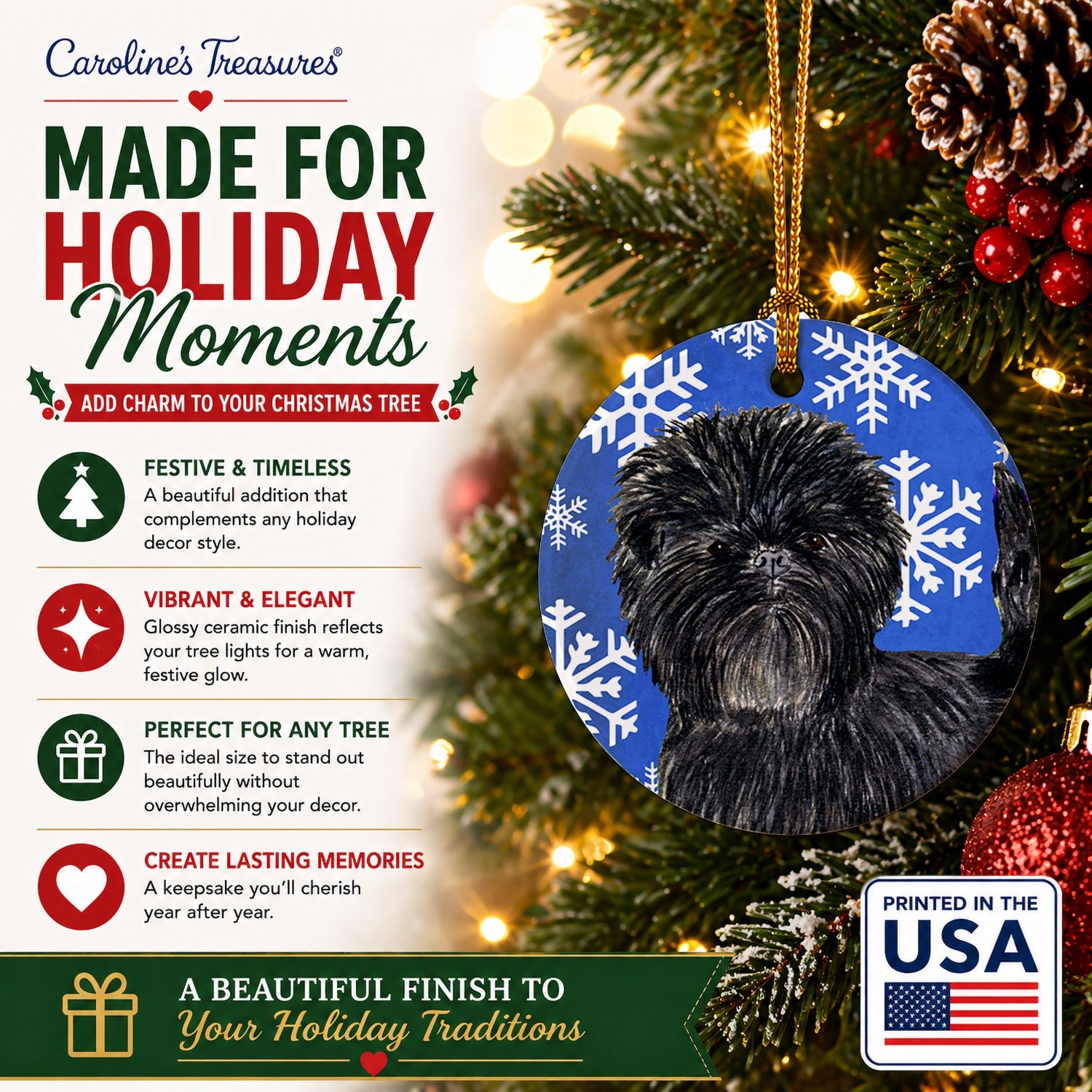 Affenpinscher Winter Snowflakes Holiday Ceramic Ornament Christmas Tree Hanging Decorations for Home Christmas Holiday, Party, Gift, 3 in, Multicolor