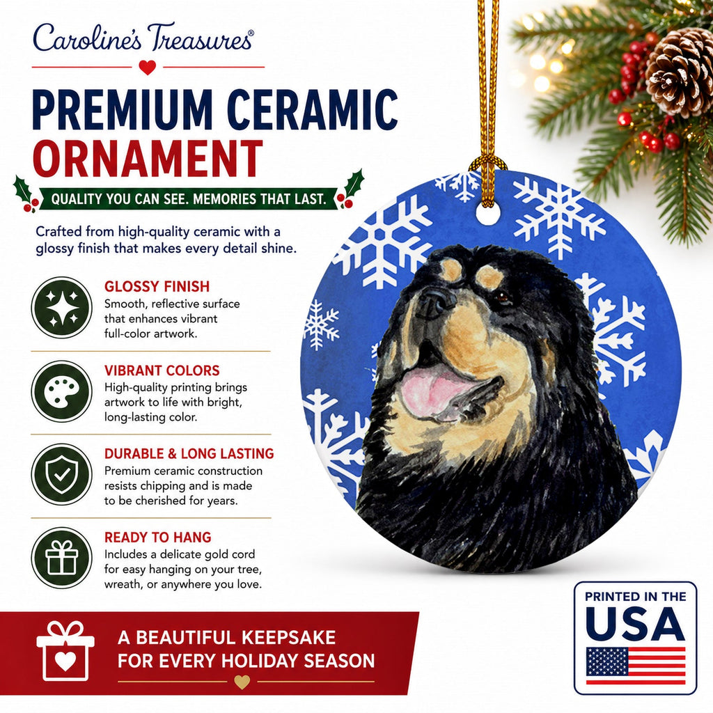 Tibetan Mastiff Winter Snowflakes Holiday Ceramic Ornament Christmas Tree Hanging Decorations for Home Christmas Holiday, Party, Gift, 3 in, Multicolor