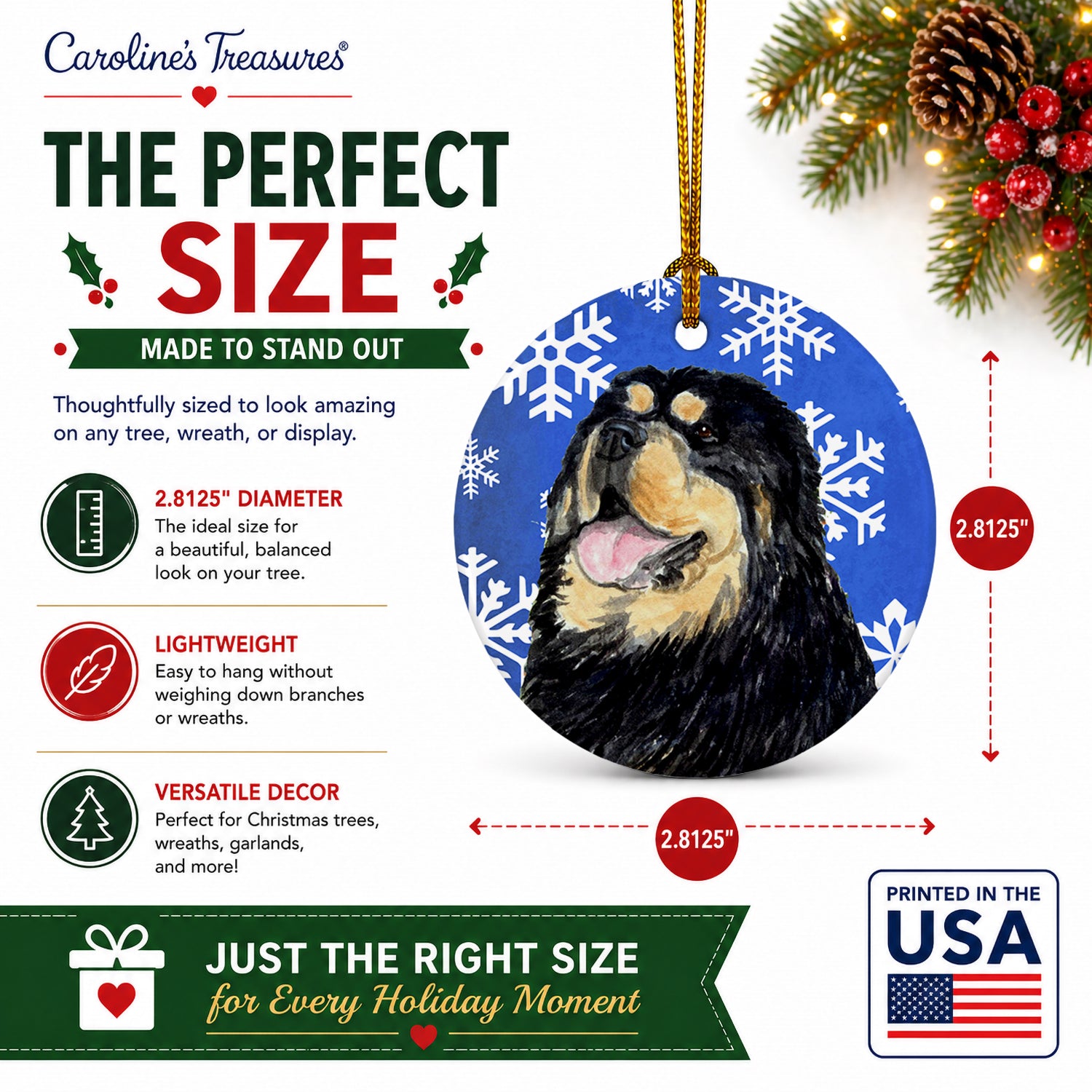 Tibetan Mastiff Winter Snowflakes Holiday Ceramic Ornament Christmas Tree Hanging Decorations for Home Christmas Holiday, Party, Gift, 3 in, Multicolor