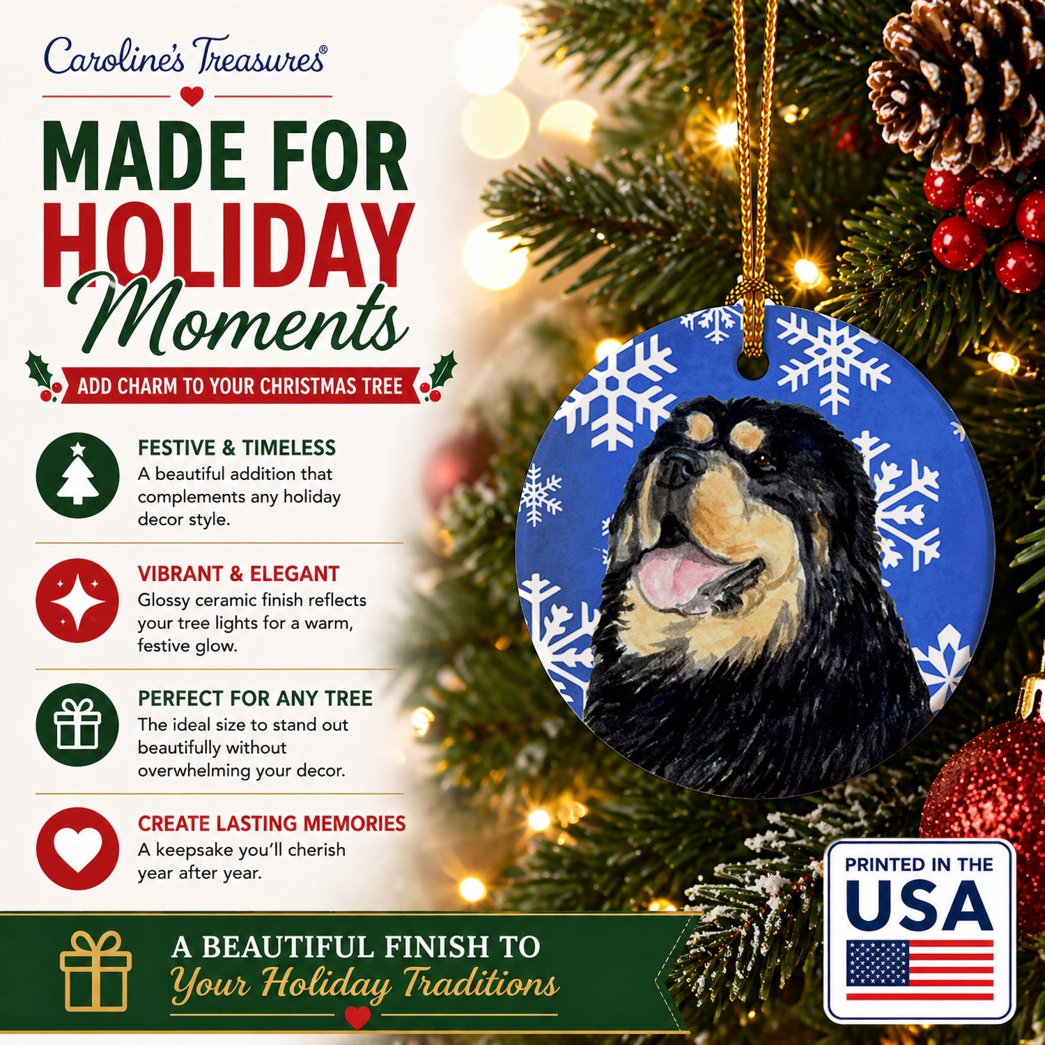 Tibetan Mastiff Winter Snowflakes Holiday Ceramic Ornament Christmas Tree Hanging Decorations for Home Christmas Holiday, Party, Gift, 3 in, Multicolor