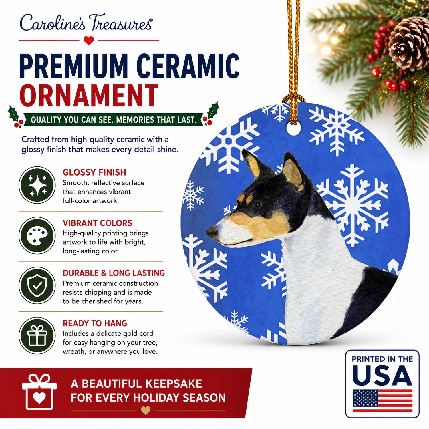 Basenji Winter Snowflakes Holiday Ceramic Ornament Christmas Tree Hanging Decorations for Home Christmas Holiday, Party, Gift, 3 in, Multicolor