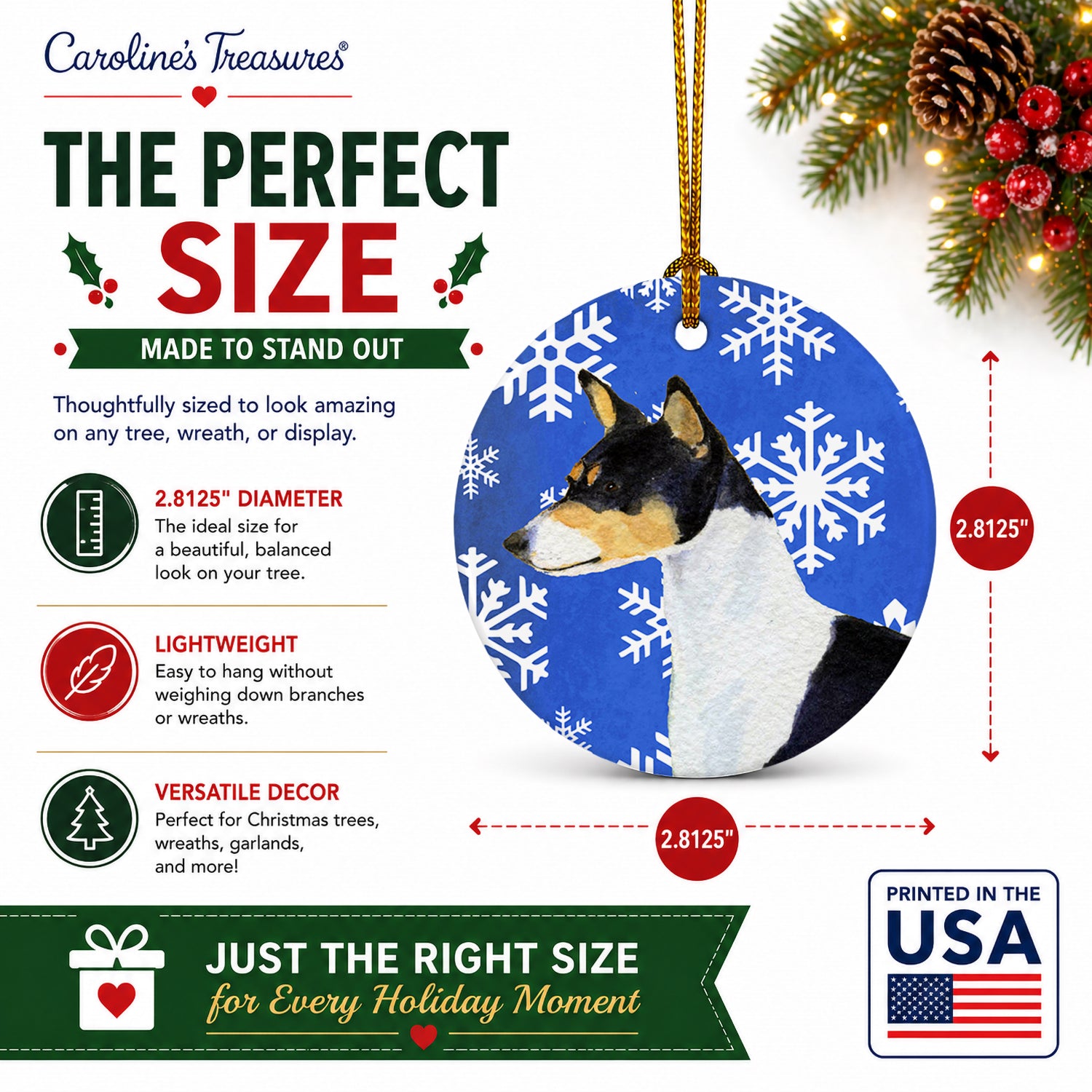 Basenji Winter Snowflakes Holiday Ceramic Ornament Christmas Tree Hanging Decorations for Home Christmas Holiday, Party, Gift, 3 in, Multicolor