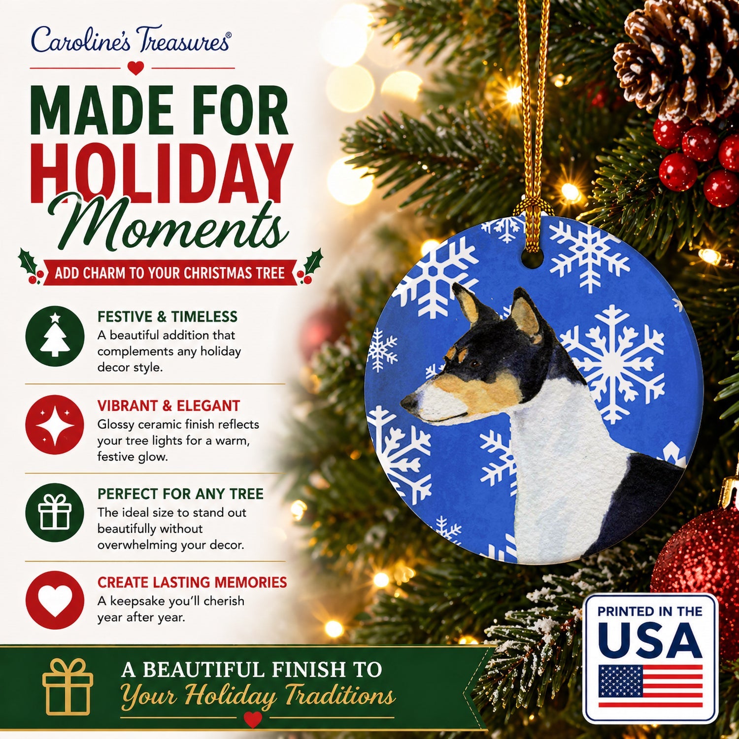 Basenji Winter Snowflakes Holiday Ceramic Ornament Christmas Tree Hanging Decorations for Home Christmas Holiday, Party, Gift, 3 in, Multicolor