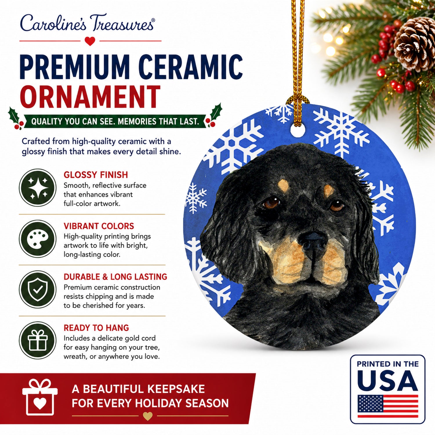 Gordon Setter Winter Snowflakes Holiday Ceramic Ornament Christmas Tree Hanging Decorations for Home Christmas Holiday, Party, Gift, 3 in, Multicolor